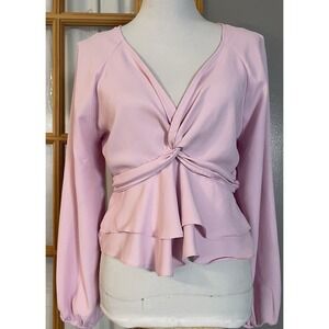 Express Peplum Crop Blouse M Crossover Ruffles Puff Sleeve Pink Modern Classic